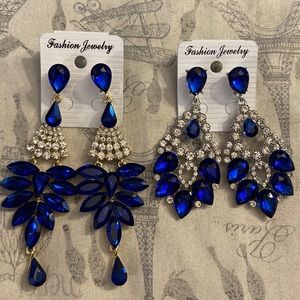 Bundle X2 earrings metal and rhinestones royal blue and white New